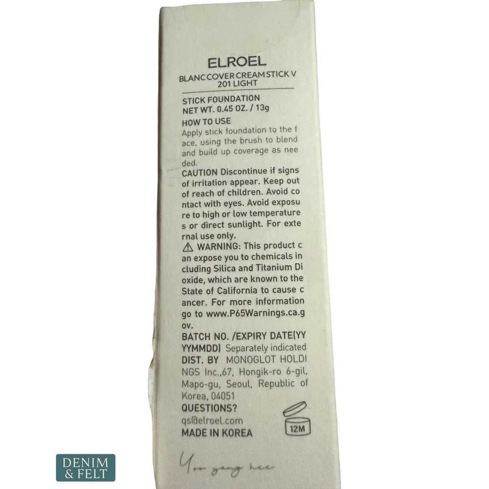 NEW ELROEL Blanc Cover Cream Stick V Foundation 201 Light with Brush 0.45oz